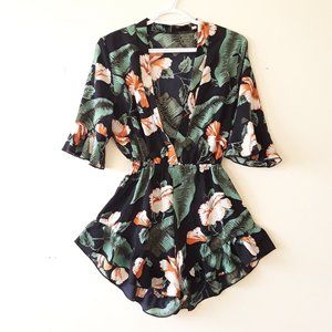 Tropical floral green ruffle hem short romper